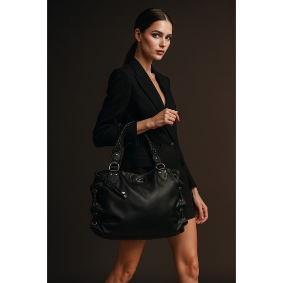 Michael Kors Black Leather Braided Handle Tote Satchel Whipstitch Grommet Large - Picture 1 of 15